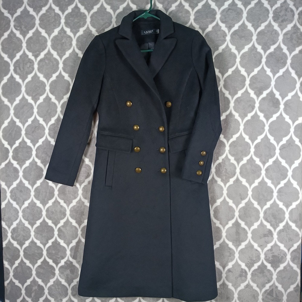 Lauren Ralph Lauren Trench Coat Women Size 0 Black Wool Blend Double Breasted
